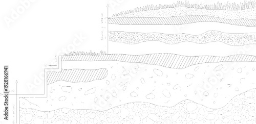 Geological soil strata cross section with grass and gravel layers and measurement markings geology