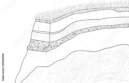 Cross section of layered soil strata with grass on and wavy lines below layers