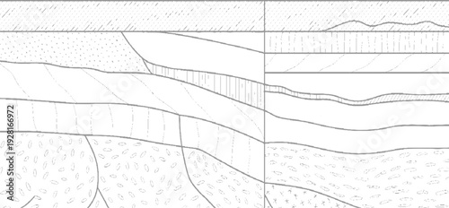 Geological strata cross section with varied rock textures and fault lines geology