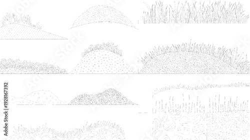 Collection of stylized line depicting various grassy mounds and rocky terrains hill