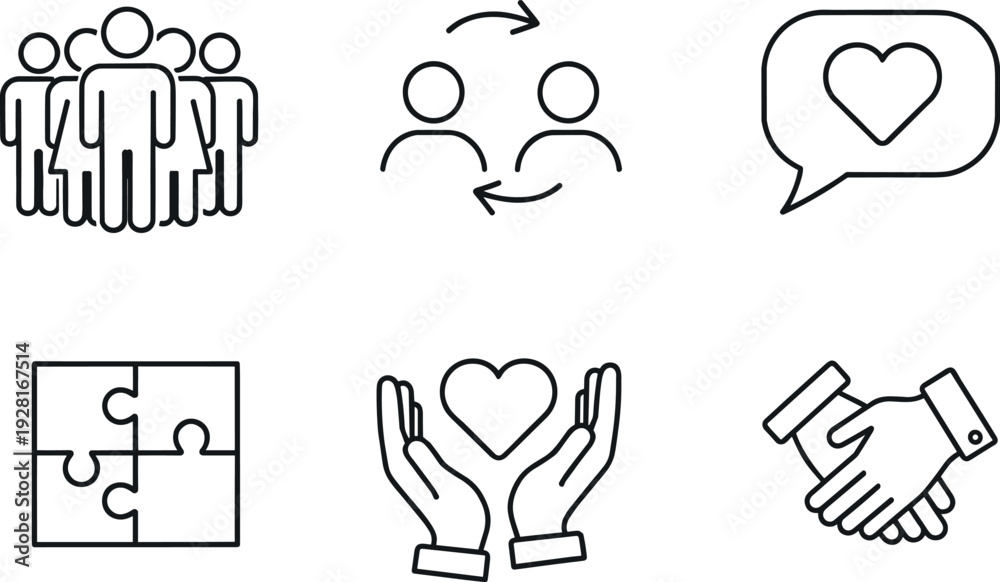 Fototapeta premium Team Collaboration and Social Support Line Icon Set with Community Group, Partnership Exchange, Care Heart and Handshake Symbols