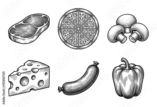 Vintage hand drawn engraving style food set featuring steak pizza mushrooms cheese sausage and bell pepper