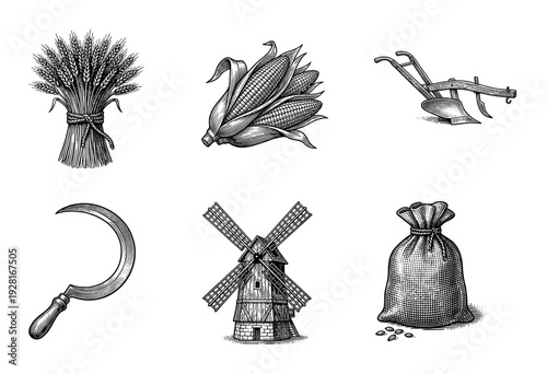 Vintage woodcut style collection of agricultural elements including wheat sheaves, corn, windmill, and traditional farming tools on a white background.