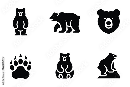 Bear Icons: Standing, Walking, Paw Print, Face
