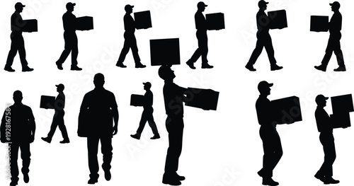 Delivery worker and mover silhouette collection carrying boxes and packages isolated on white background for logistics, shipping, and transportation service concepts