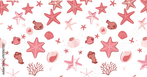 Cute pink starfish and seashell vector pattern, ocean marine life seamless background, coral beach illustration design