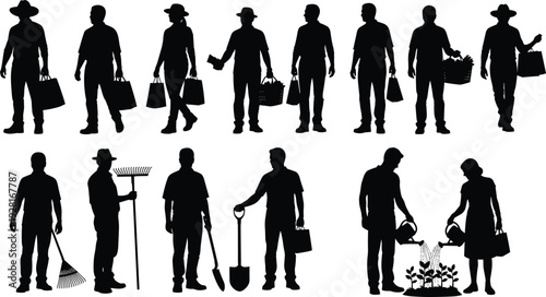 Farmer and gardener silhouette collection carrying harvest baskets, rake, and shovel isolated on white background for agriculture and farming concepts