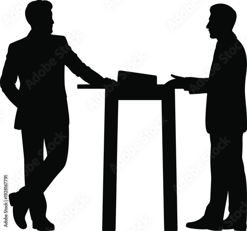 Business discussion silhouettes two men standing table corporate meeting negotiation concept illustration