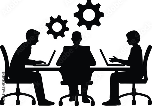 Corporate team discussion silhouette with laptops and gears, business strategy collaboration planning concept