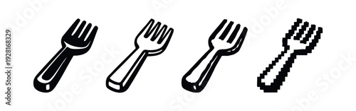 Stylish Fork Icon Set: Solid with Highlights, Outline, Sketchy, and Pixel Art.