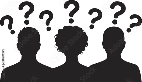 Silhouette of diverse people with question marks, uncertainty confusion concept illustration isolated background