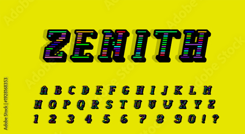 Zenith Retro Striped Font - Black Alphabet with Rainbow Lines on Yellow Background