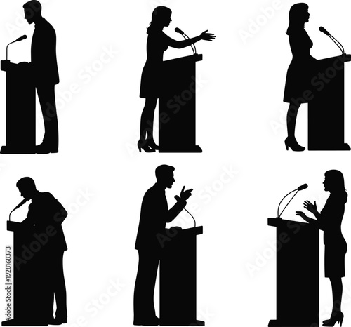 Silhouette politicians giving speeches at podium microphones isolated on white background public speaking concept illustration