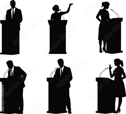 Silhouettes of business speakers at podium, during political debate and public speech event leadership conference