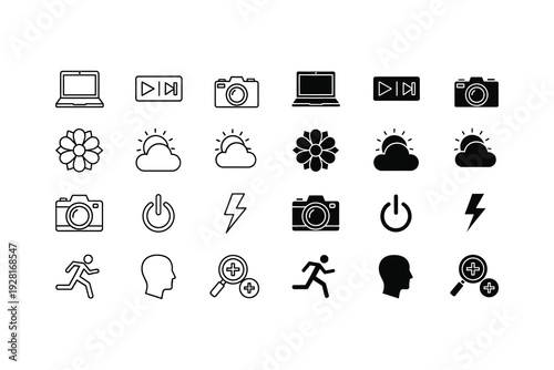 Collection of icons representing technology, weather, and human activity concepts