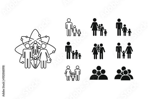 Collection of diverse family and group icons in black and white line art style