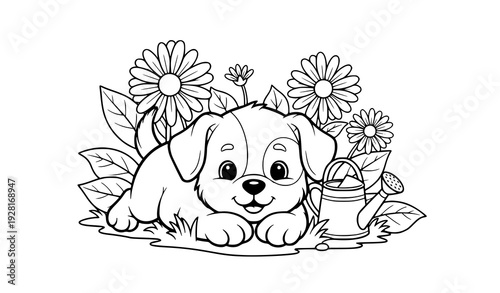 Adorable Little Puppy Garden Coloring Page – Printable Cartoon Dog Outline Vector