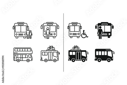 Variety of stylized bus icons with different features and designs