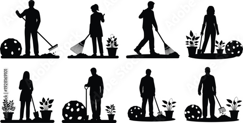 Gardener and landscaping worker silhouette collection performing garden maintenance with rake, shovel, and plants isolated on white background for outdoor landscaping concepts