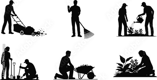 Gardening and Lawn Care Worker Silhouettes Set, Black Vector Illustration of Mowing, Raking, Planting, Watering and Landscaping Outdoor Yard Maintenance Activities