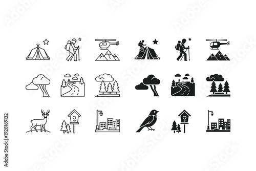 Historical and modern illustrations of human activities and natural elements