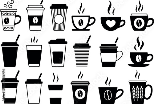Clean Black And White Coffee Mug Outline Collection With Cafe Beverage And Barista Drink Symbols