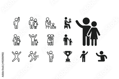 Collection of diverse icons representing various human activities and interactions