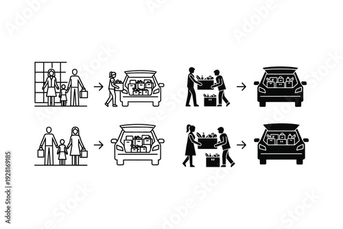 Illustrations of people loading luggage into vehicles for travel