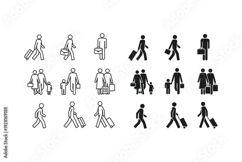 Diverse icons depicting people with luggage and walking in various directions and poses