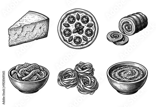 Vintage engraving collection of traditional italian food featuring pizza pasta cheese ham and sauces in a hand drawn woodcut style.