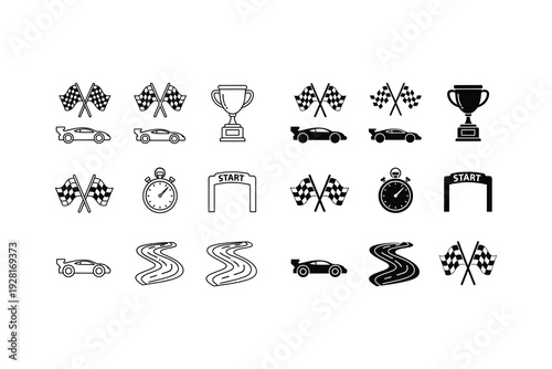 Collection of vintage sports and racing icons with various trophies and track elements