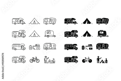 Diverse camping and travel icons featuring vehicles, tents, and outdoor activities