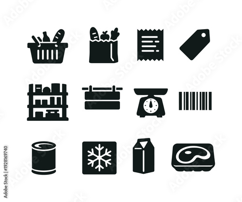 Solid vector icons of grocery nutrition: supermarket basket, paper bag, receipt, price tag, shelf, aisle sign, produce scale,
