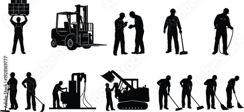 Industrial Worker and Construction Equipment Silhouettes Set, Black Vector Illustration of Warehouse, Forklift, Cleaning, Fueling and Heavy Machinery Labor Workforce Activities