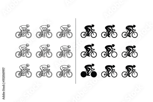 Comparison of various bicycle frames and riding postures in a grid layout