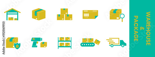 Flat warehouse and package icon set showing storage, boxes, barcode, scanning, conveyor, and delivery truck for logistics, inventory, shipping, and supply chain design projects.