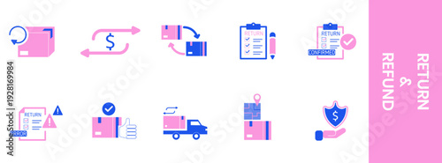 Return and refund icon set for e-commerce with package exchange, approval forms, delivery truck, error notice, location tracking, and payment protection in modern flat style.