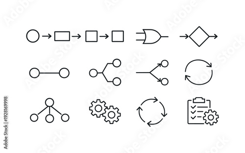 Line style vector icons of automation flow icons: flow, sequence, logic, condition; connect, branch, merge, loop; orchestrate,