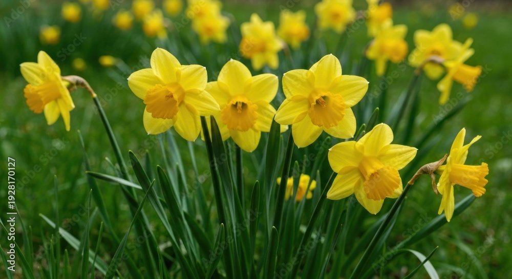 Fototapeta premium Spring daffodils in a grassy field. Bright yellow flowers with pale yellow centers. Fresh green foliage