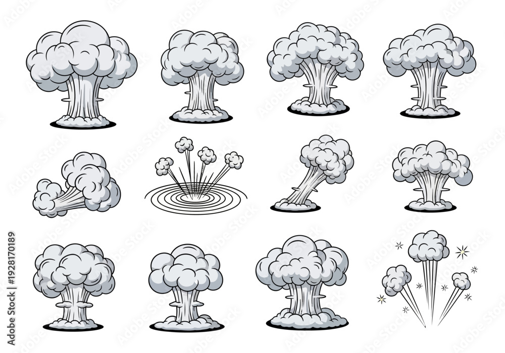 Obraz premium Cartoon Explosion Effects Collection with Various Smoke Clouds and Impact Blasts, Isolated Graphic Elements for Design Projects