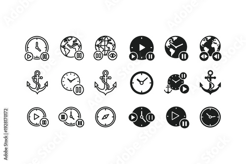 Vintage nautical and time-themed icons featuring anchors, clocks, and maritime symbols