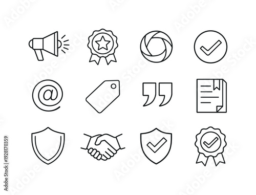 Line style of online reputation spread vector icons: brand, badge, logo, mark; mention, tag, cite, quote; shield, trust, safety,