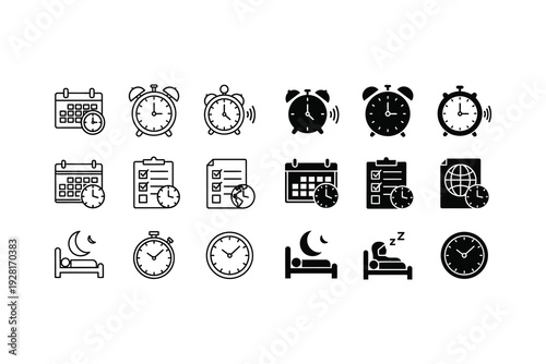 Collection of icons depicting various time-related and daily activity symbols