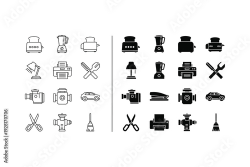 Assorted icons of vehicles, tools, and household appliances in black and white