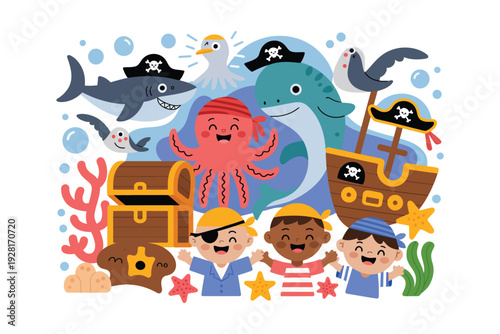 Pirate cartoon illustration with kids and ocean animals playing together
