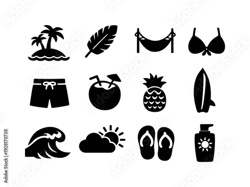 Solid vector icons of tropical holiday: island, palm leaf, hammock, bikini top, swim short, coconut drink, pineapple, surfboard,