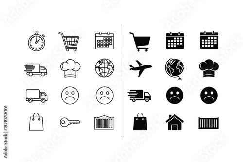 Collection of black and white icons representing various services and activities