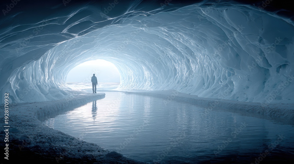 Fototapeta premium Winter season adventure exploration. A person standing in the middle of an ice tunnel, surrounded by a vast expanse of snow and water. The person is illuminated by the light at the end of the tunnel.