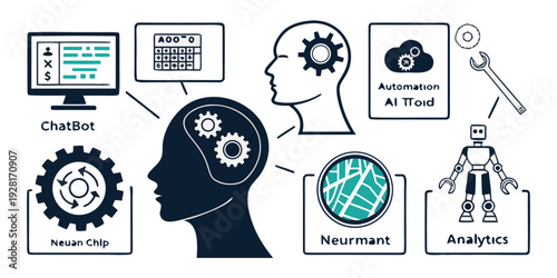 Illustration of a person surrounded by various technology icons and symbols. Vector