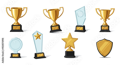 Golden Trophy Cup Icon with Shiny 3D Illustration of Award and Victory